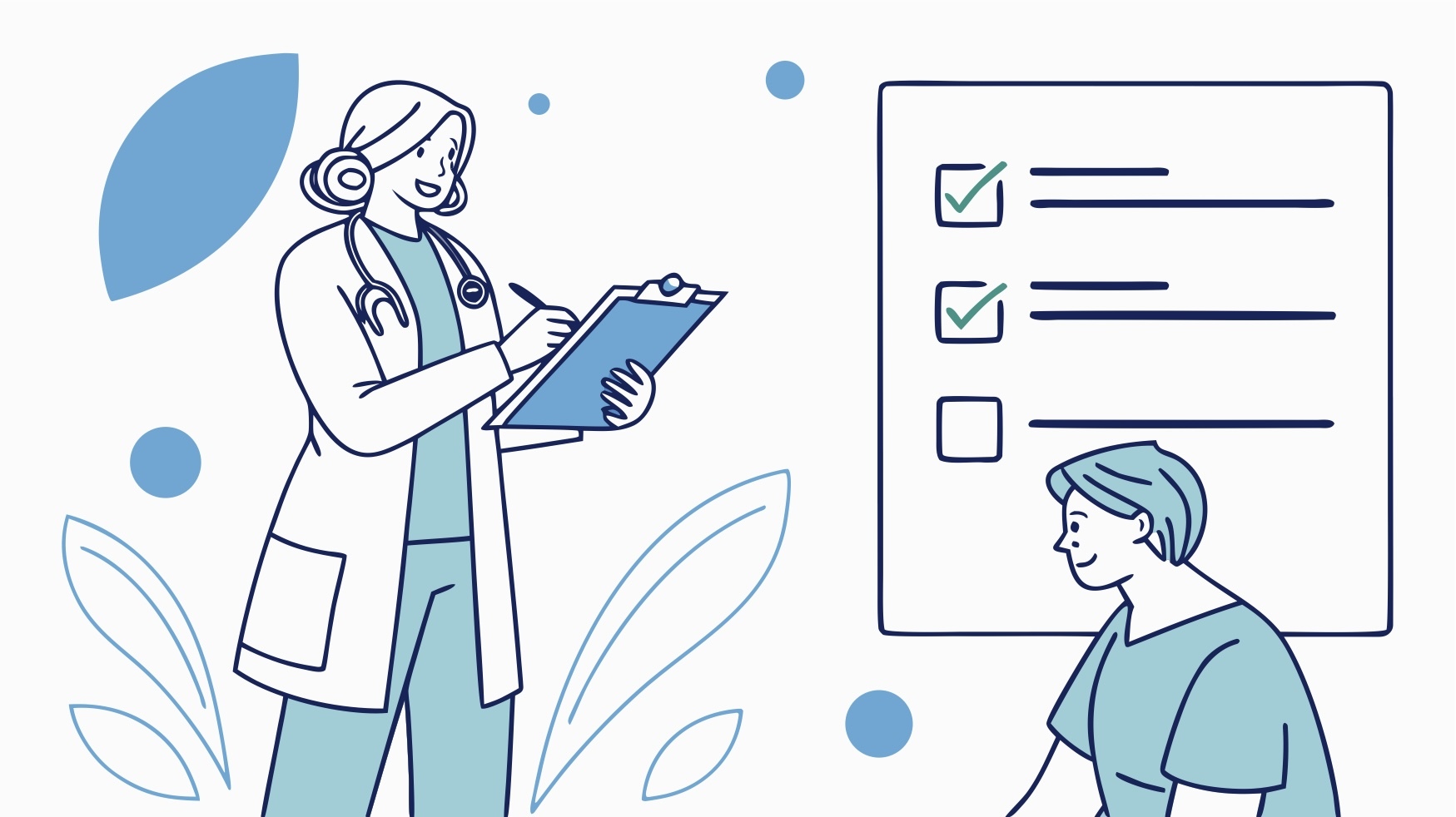 Doctor with clipboard and checklist large in the background.